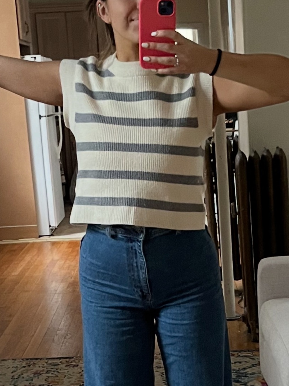 Zara Cream Ribbed Sweater with Gray Stripe